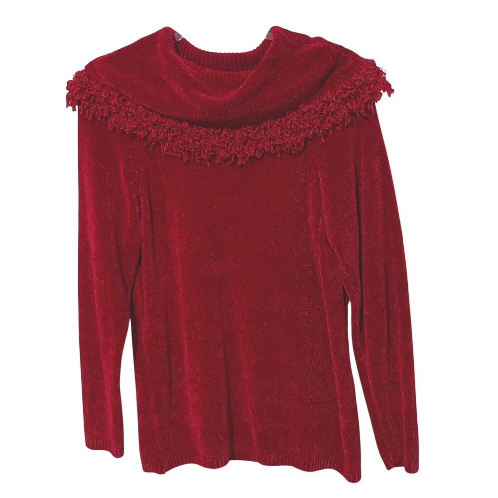 Vtg 80s 90s Chenille Knit Sweater Womens M Bold Red Loop Fringe Cowl Neck Whimsy